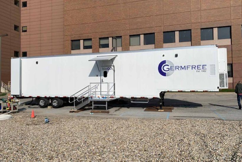 Germfree mobile cGMP BSL-2+ facility on location Exterior view of a mobile cleanroom